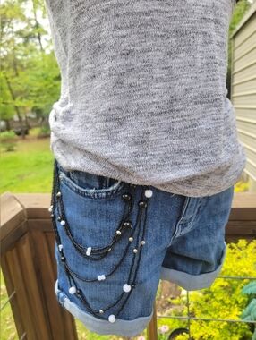 Multi-Strand Black Beaded Necklace or Beltloop Jewlery with White Accents